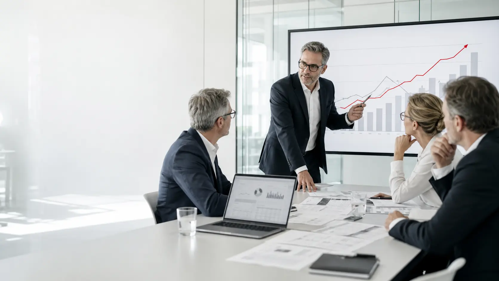 Unternehmensberater und Entscheider analysieren gemeinsam Kennzahlen und Strategie