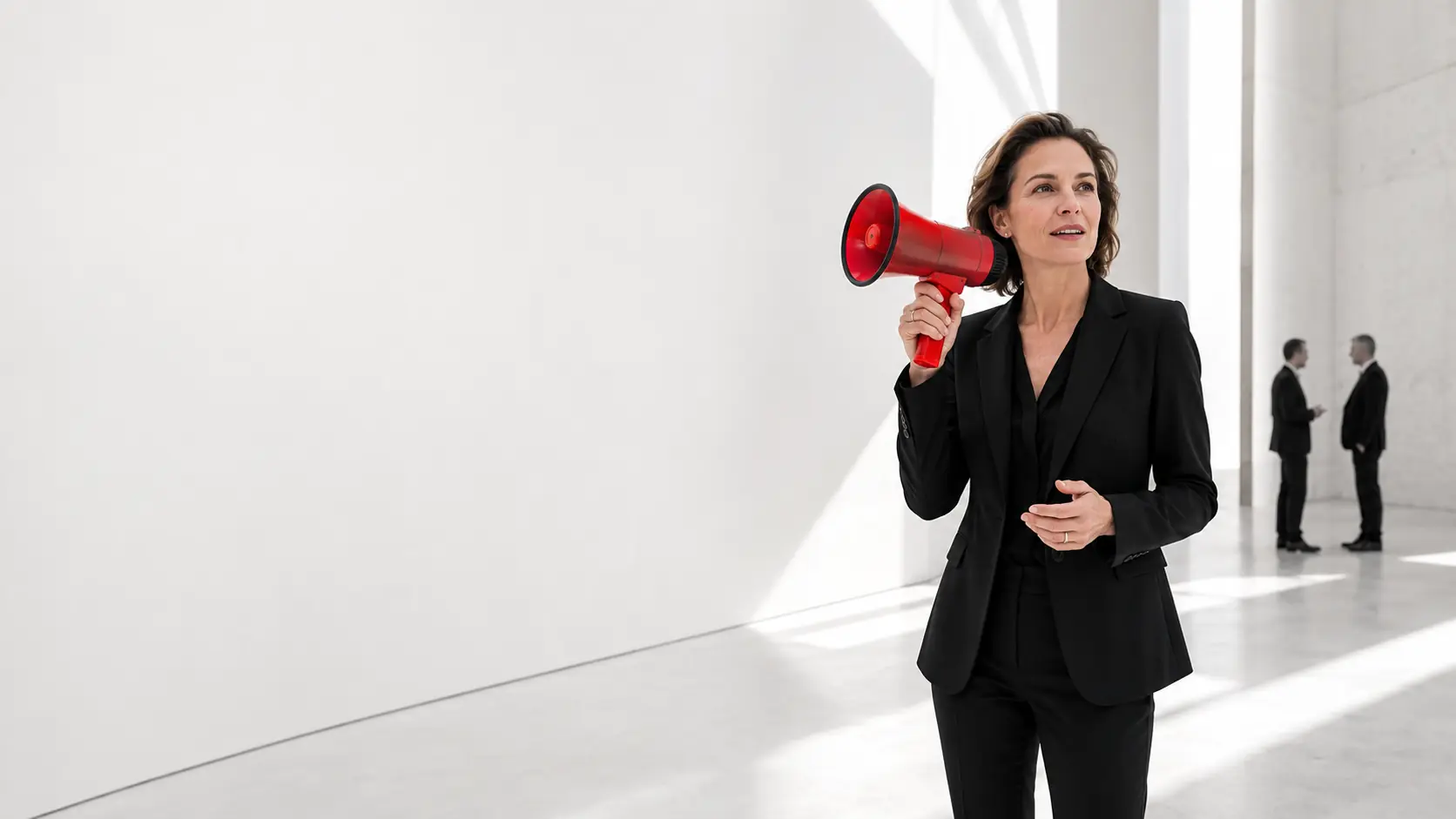 Souveräne Businessfrau mit signalrotem Megafon in einem hellen Bauhaus-Raum